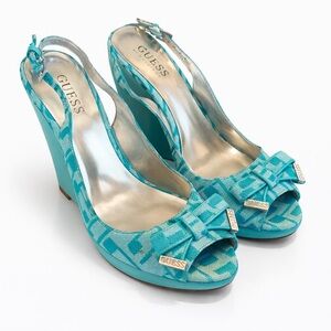 GUESS Y2K Logo Print Wedge Sandals Turquoise Slingback Heels